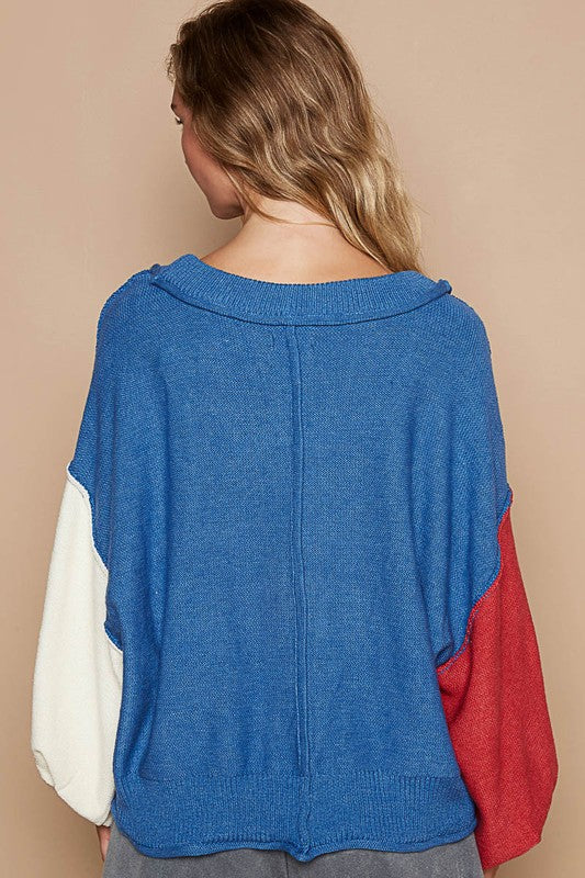 TEEK - Royal Blue Exposed Seam Contrast V-Neck Lantern Sleeve Sweater TOPS TEEK Trend