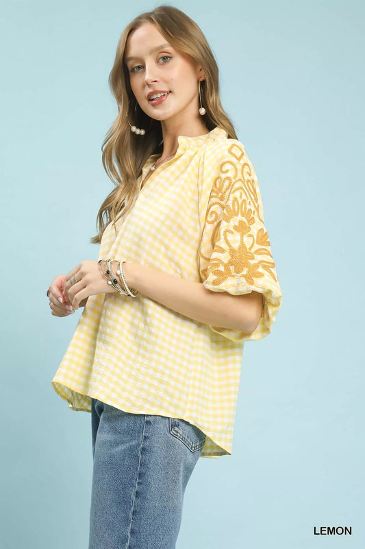 TEEK - Gingham Embroidered Balloon Sleeve Top TOPS TEEK Trend