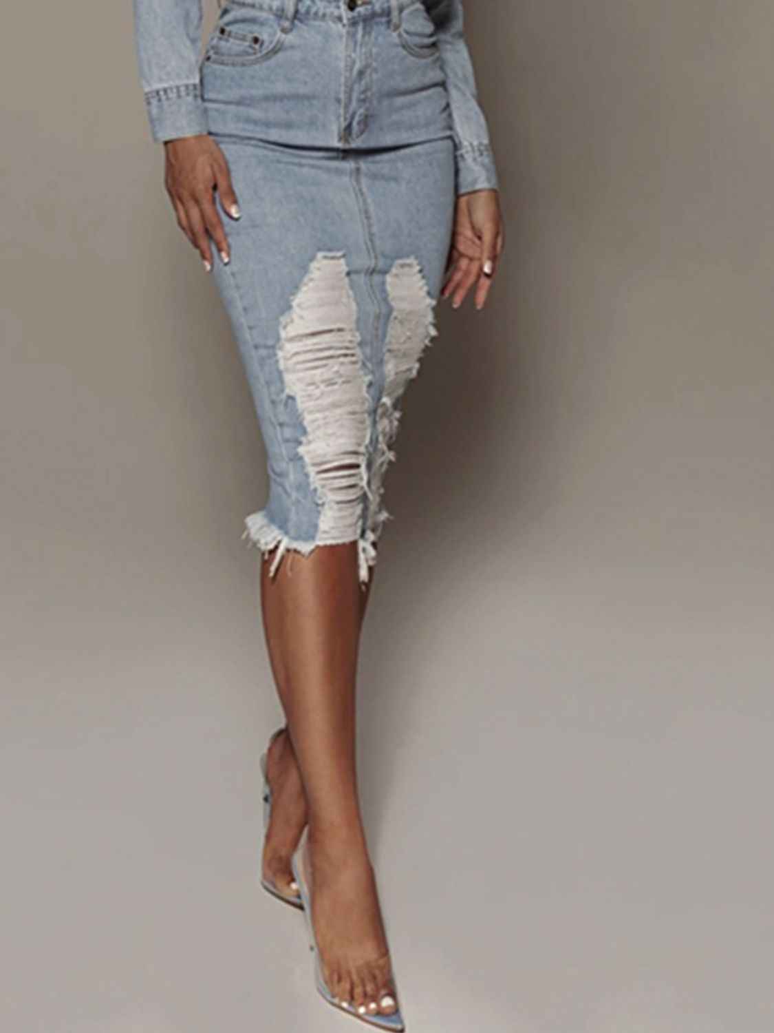 TEEK - Distressed Slit Denim Skirt SKIRT TEEK Trend