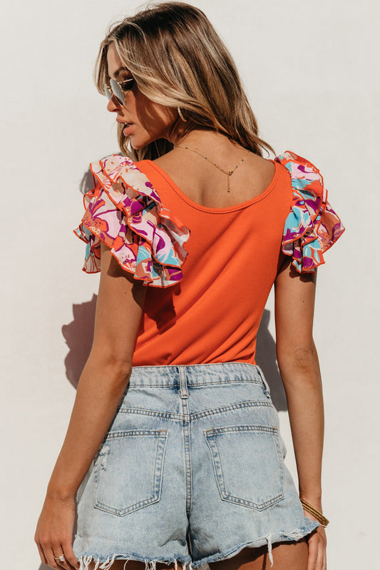 TEEK - Red Orange Floral Ruff Sleeve Bodysuit TOPS TEEK Trend
