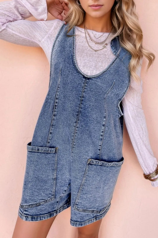 TEEK - U-Neck Patched Pocket Denim Overalls JUMPSUIT TEEK Trend