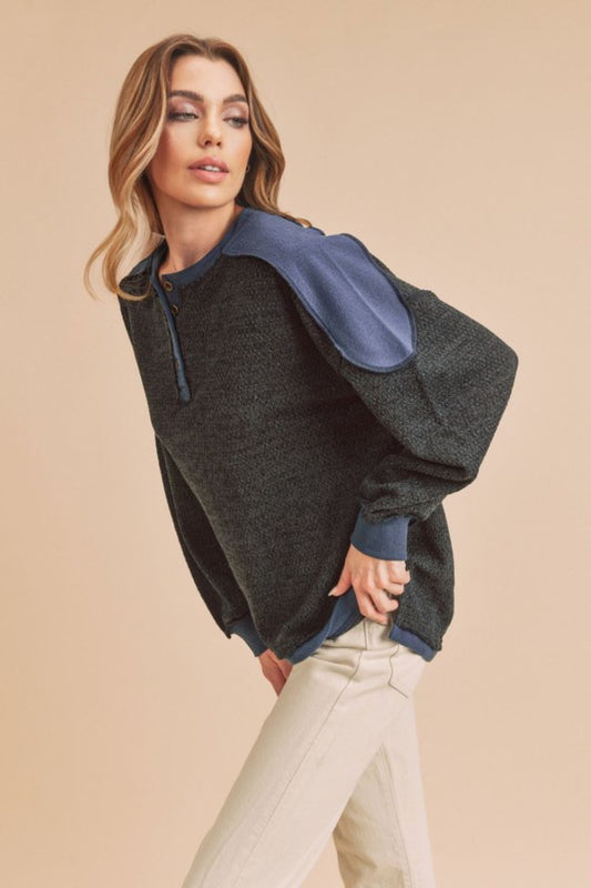 TEEK - Dark Navy Side Slit Button Contrast Shoulder Sweatshirt TOPS TEEK Trend
