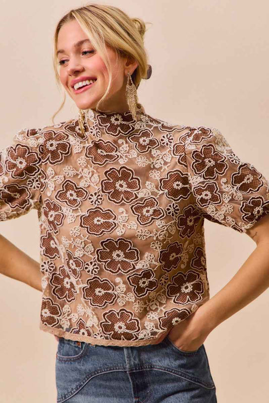 SO ME Texture Floral Mesh Top With Back Button Closure Trendsi