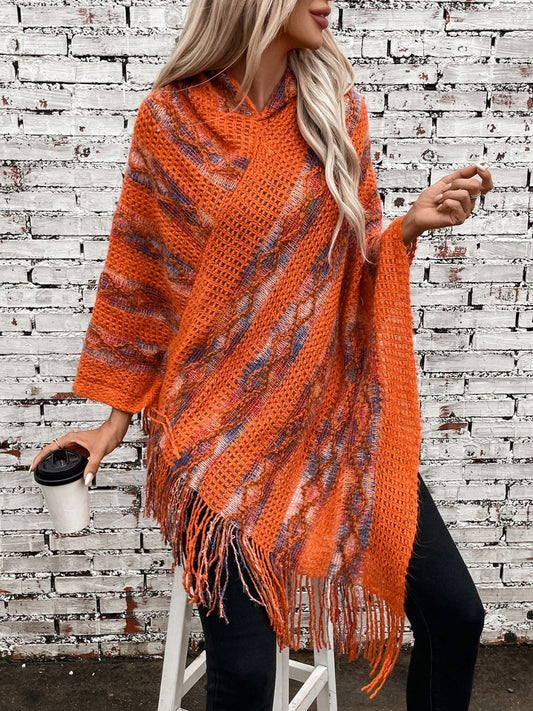TEEK - Fringe Contrast Hooded Poncho JACKET TEEK Trend Terracotta One Size