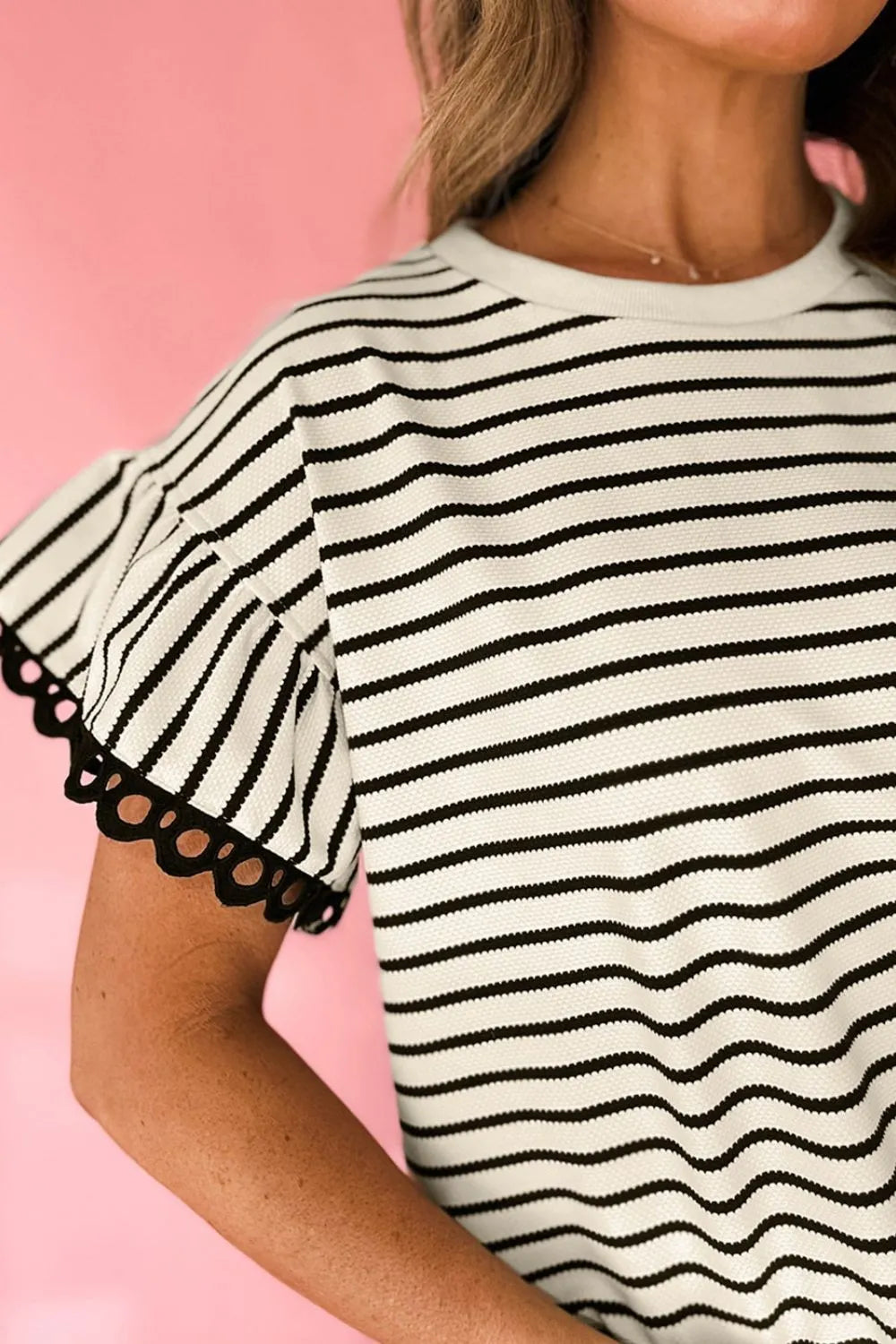TEEK - Striped Round Neck Ruffle Sleeve Blouse JEANS TEEK Trend