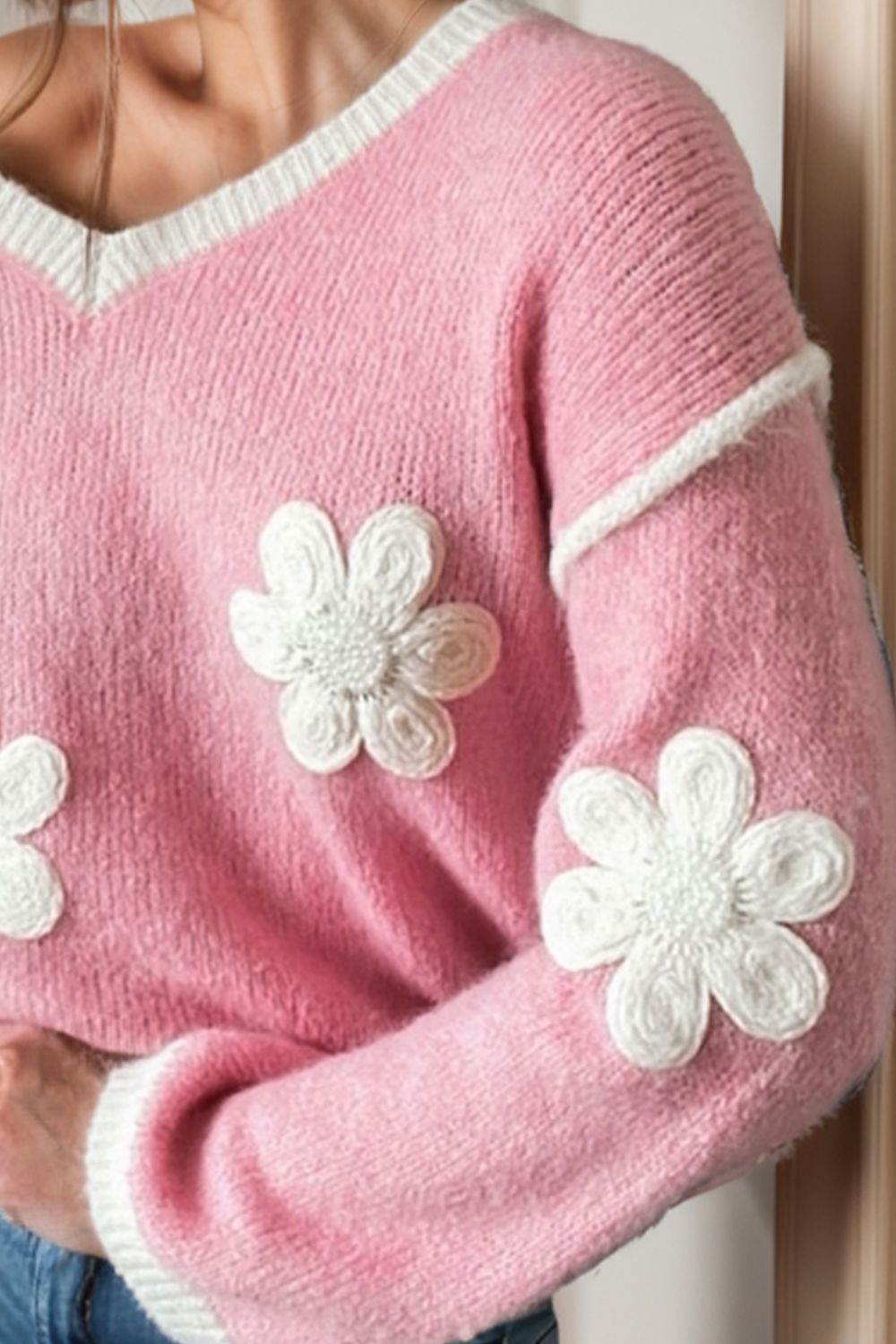 TEEK - Blush Pink Flower V-Neck Dropped Shoulder Sweater SWEATER TEEK Trend