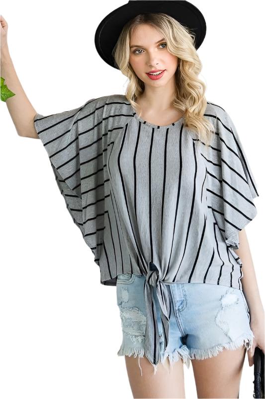 TEEK - PLUS SIZE GREY STRIPE TIE HEM CAPE SLEEVE TOP TOPS TEEK FG 1X
