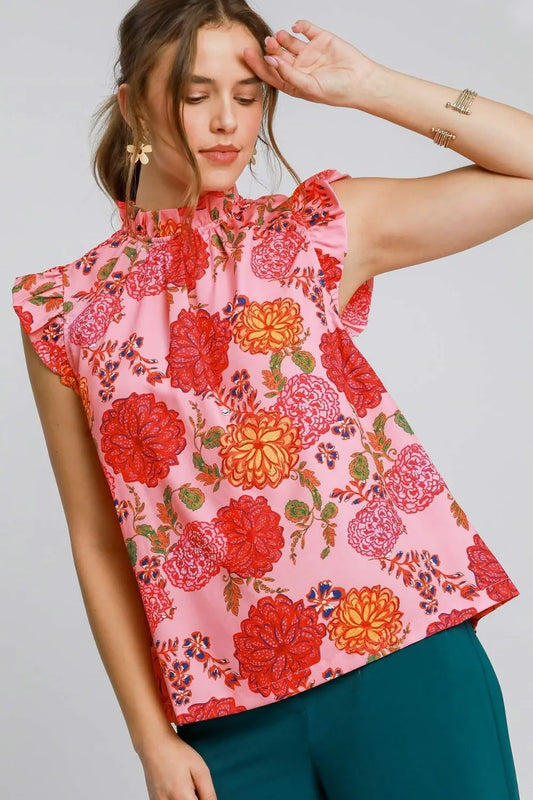TEEK - Pink Mix Floral Print Ruffled Cap Sleeve Blouse TOPS TEEK Trend
