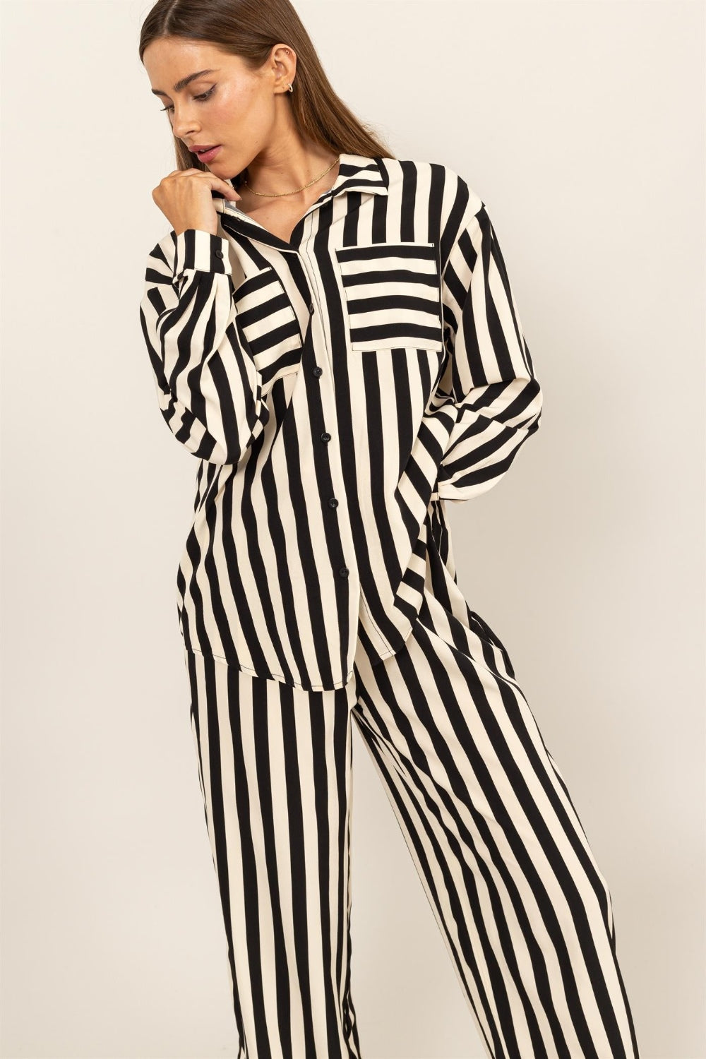 TEEK - Black Striped Button Up Shirt and Pants Set SET TEEK Trend