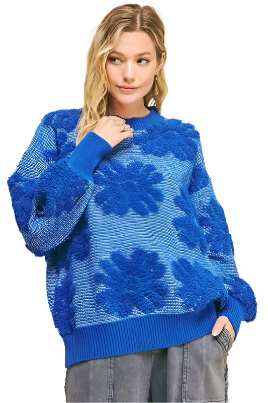 TEEK - Blue Flower Texture Dropped Shoulder Sweater SWEATER TEEK Trend S