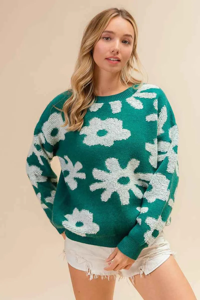 TEEK - Flower Pattern Long Sleeves Sweater Top TOPS TEEK Trend