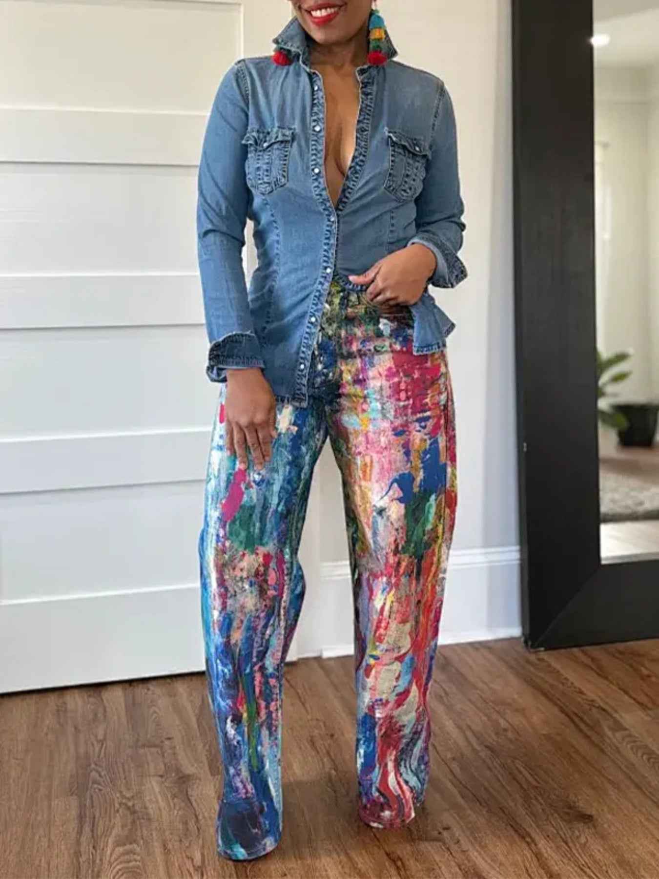 Painted Wide Leg Pants Trendsi