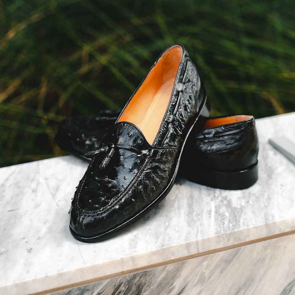 13-581-BLK FRANCO Ostrich Tassel Loafer, Black Shop Zelli Italia