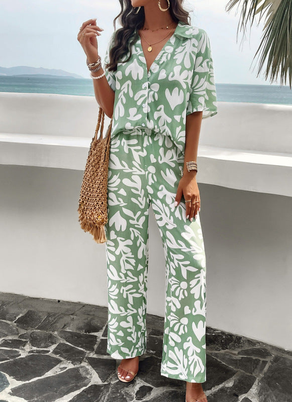 TEEK - Art Design Printed Short-Sleeved Trousers Two-Piece Set SET TEEK K Green S