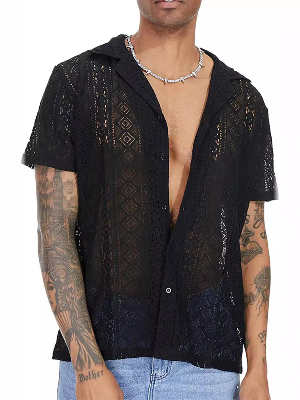 TEEK - Mens Lace Floral Buttoned Short-Sleeved Shirt TOPS TEEK K Black S