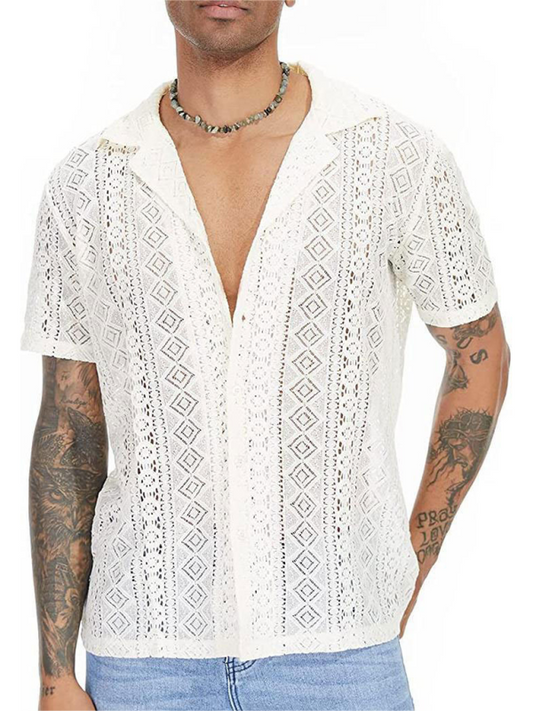 TEEK - Mens Lace Floral Buttoned Short-Sleeved Shirt TOPS TEEK K White S