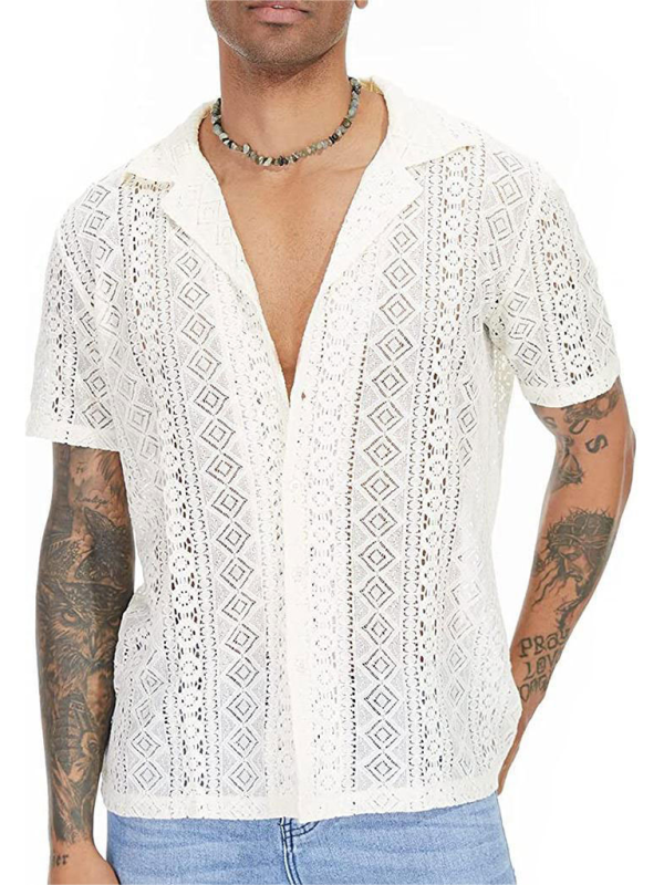 TEEK - Mens Lace Floral Buttoned Short-Sleeved Shirt TOPS TEEK K White S 
