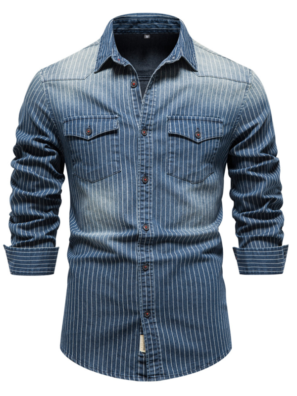 TEEK - Mens Heavy Washed Distressed Striped Denim Shirt TOPS TEEK K Champlain S