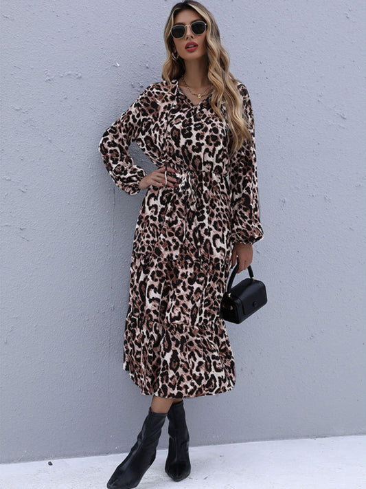 TEEK - Long Sleeved Leopard Tie Neck Dress DRESS TEEK K