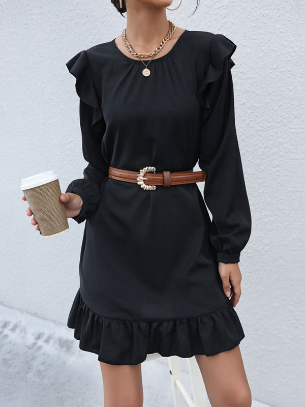 TEEK - Black Long Sleeved Ruffle Edge Dress DRESS TEEK K