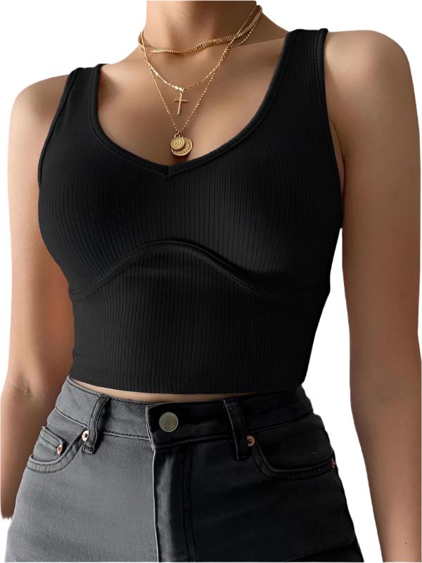 TEEK - Black V-Neck Stitching Stretch Knit Tank Top TOPS TEEK K S