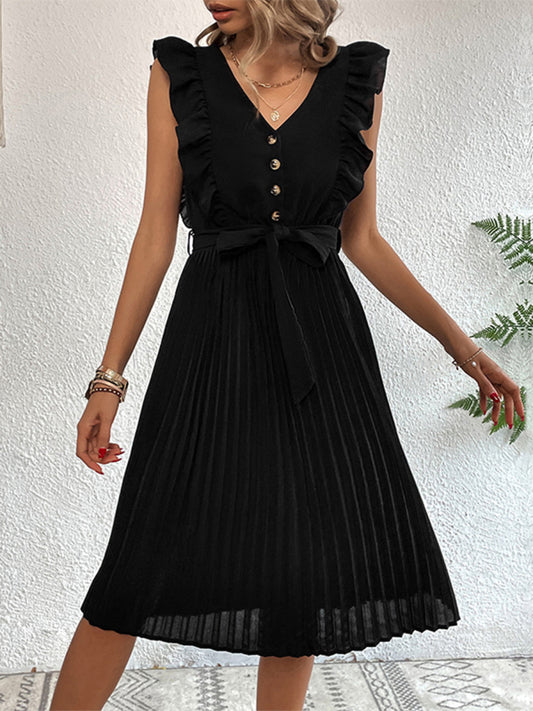 TEEK - Black Ruffle Summer Pleated Sleeveless Dress DRESS TEEK K