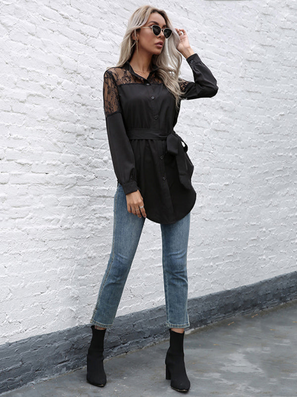 TEEK - Tie Waist Black Patchwork Lace Shirt TOPS TEEK K