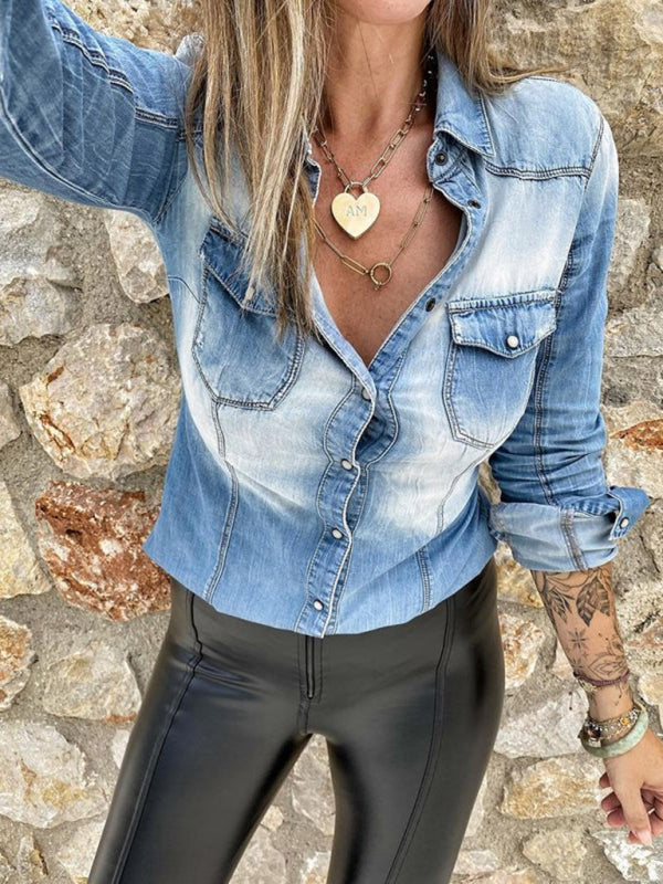 TEEK - Long-Sleeved Denim Distressed Slim Fit Top TOPS TEEK K