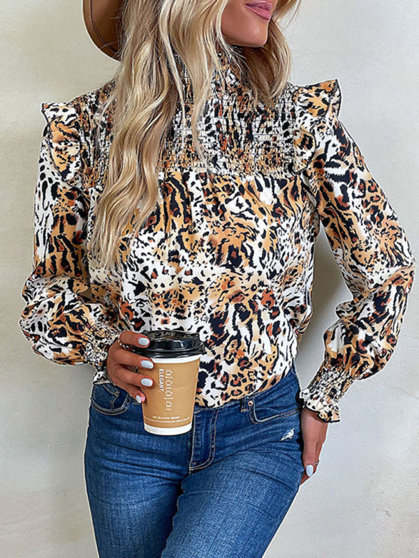 TEEK - Khaki Leopard Print Long-Sleeved Blouse TOPS TEEK K
