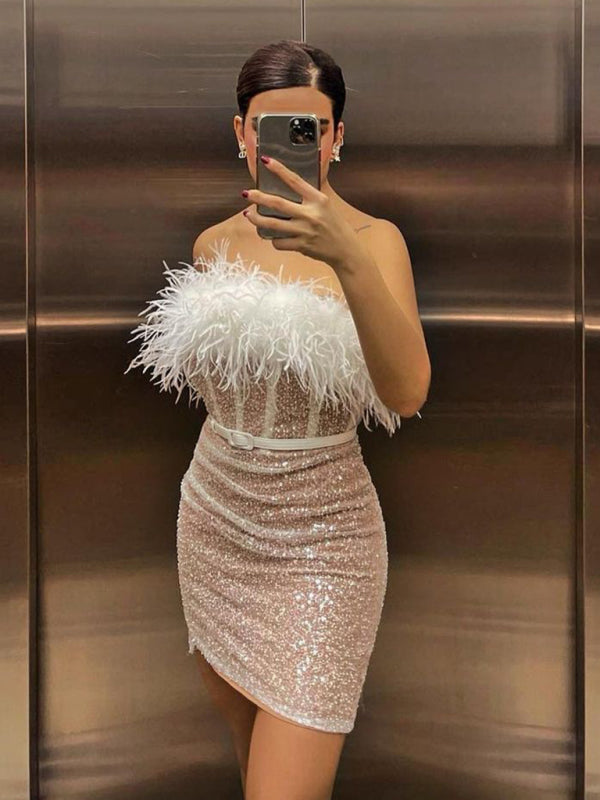 TEEK - White High Waist Sequin Feather Dress DRESS TEEK K