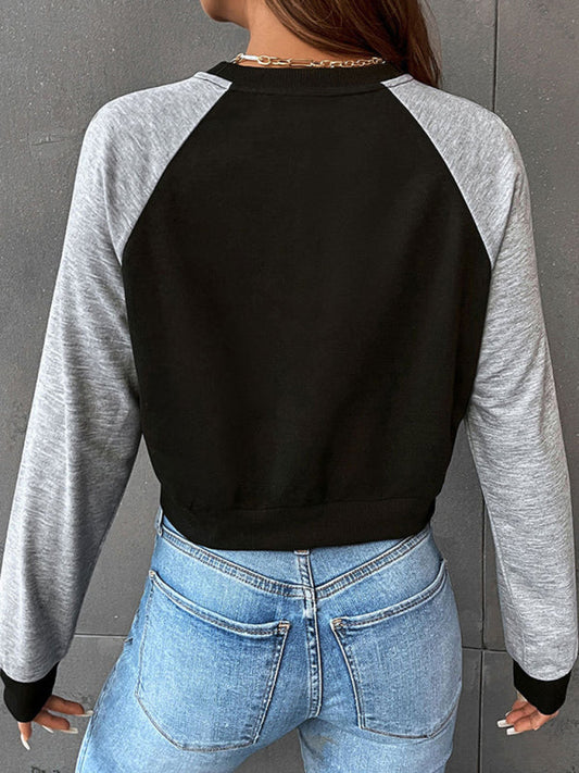 TEEK - Contrast Long Sleeve Cropped Sweatshirt TOPS TEEK K