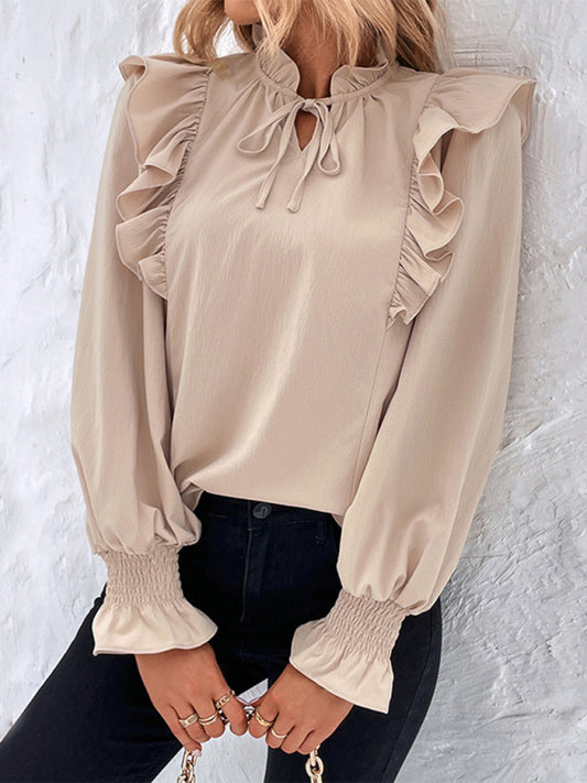 TEEK - Cracker Khaki Ruffled Tie Long Sleeve Blouse TOPS TEEK K