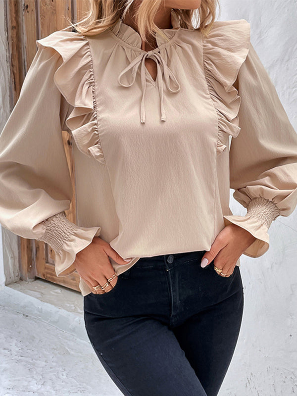 TEEK - Cracker Khaki Ruffled Tie Long Sleeve Blouse TOPS TEEK K