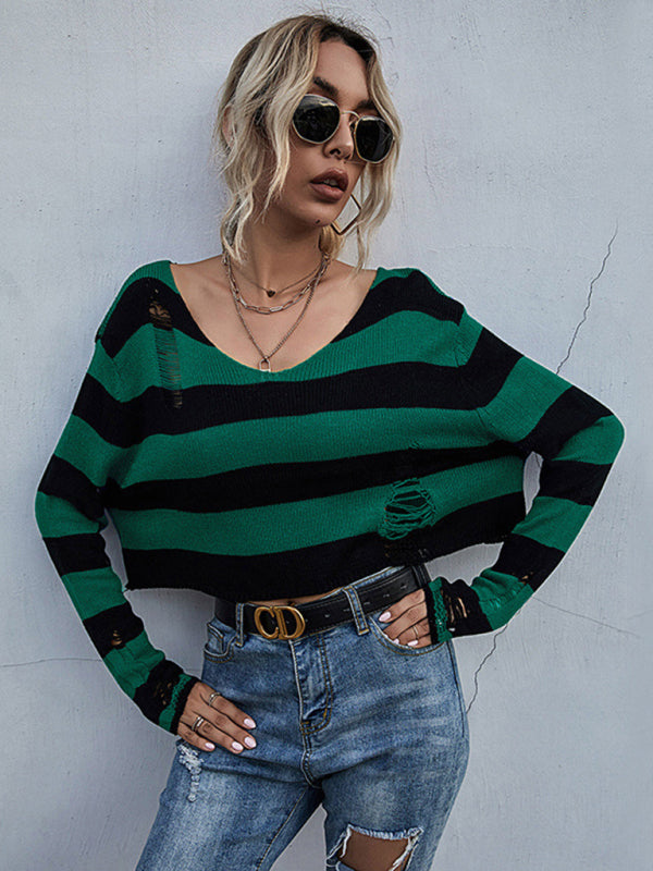 TEEK - Striped V-Neck Knitted Ripped Style Sweater TOPS TEEK K Green S
