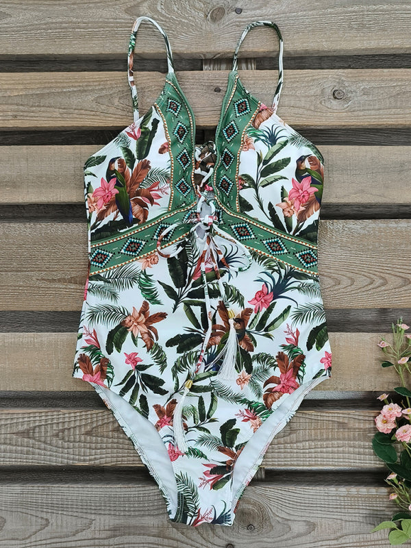 TEEK - Deep V Cashew Flower Print Triangle Swimsuit SWIMWEAR TEEK K   