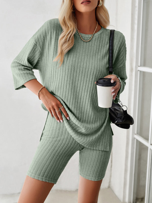 TEEK - 2pc Mid-Sleeve Ribbed Shorts Set SET TEEK K Green S