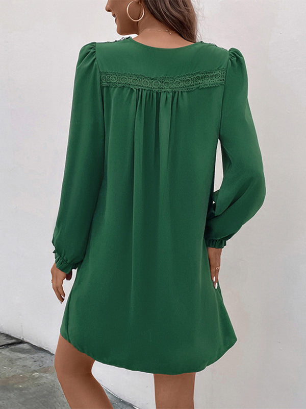 TEEK - Green V-neck Smocked Long-Sleeved Dress DRESS TEEK K