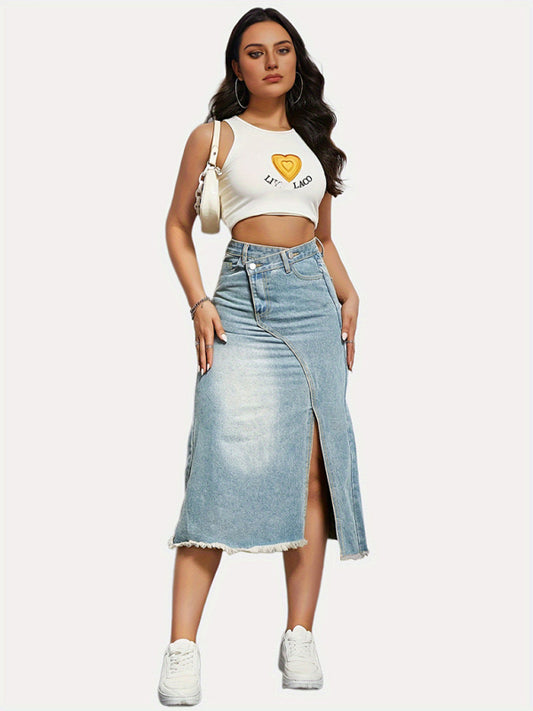 TEEK - Clear Blue Retro Denim Slit Mid-Length Skirt DRESS TEEK K