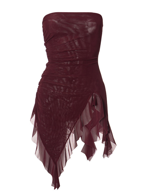 TEEK - Wine Red Mesh Strapless Backless Ruffle Top TOPS TEEK K