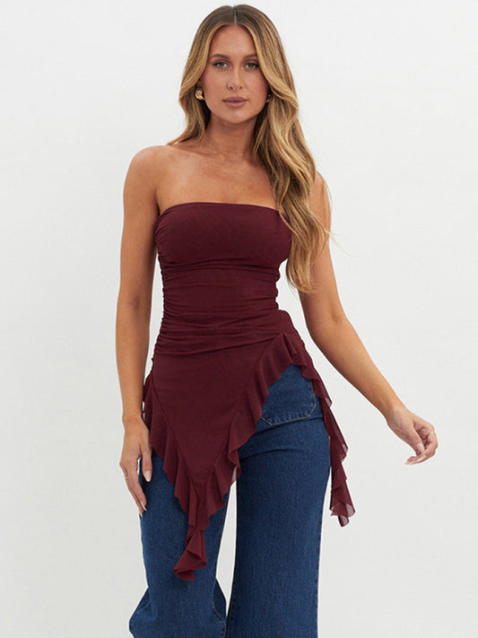 TEEK - Wine Red Mesh Strapless Backless Ruffle Top TOPS TEEK K