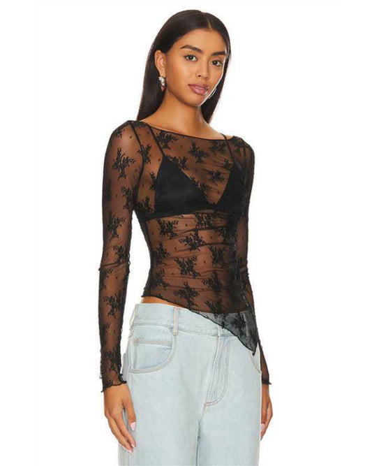 TEEK - Black Sheer Stand-Up Collar Long-Sleeved Lace Shirt TOPS TEEK K
