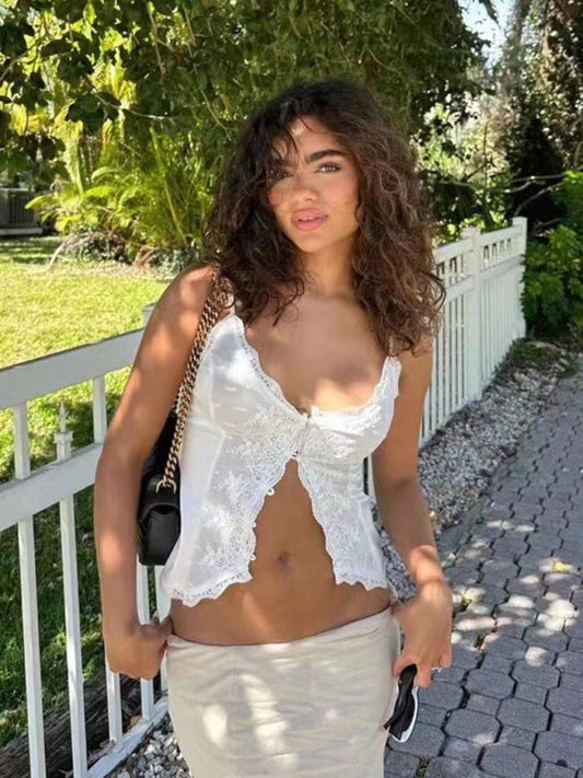 TEEK - Lace Satin Sweet Buttoned Camisole TOPS TEEK K White S