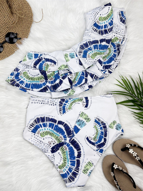 TEEK - Double-Layer Lotus Leaf One-Shoulder Swimsuit Set SET TEEK K