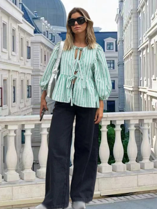 TEEK - Sweet Strappy Front Puff Sleeve Versatile Shirt TOPS TEEK K Green S