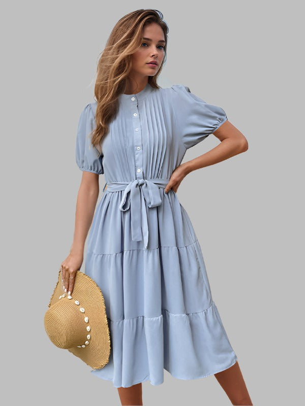 TEEK - Blue Pleated Short Sleeve Commuting Belted Dress DRESS TEEK K