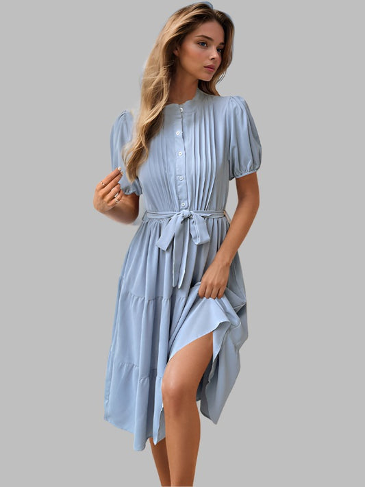 TEEK - Blue Pleated Short Sleeve Commuting Belted Dress DRESS TEEK K
