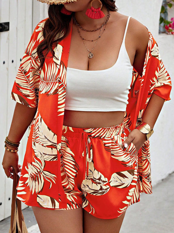 TEEK - Printed Casual Resort Style Cardigan Shorts Suit SET TEEK K Red S