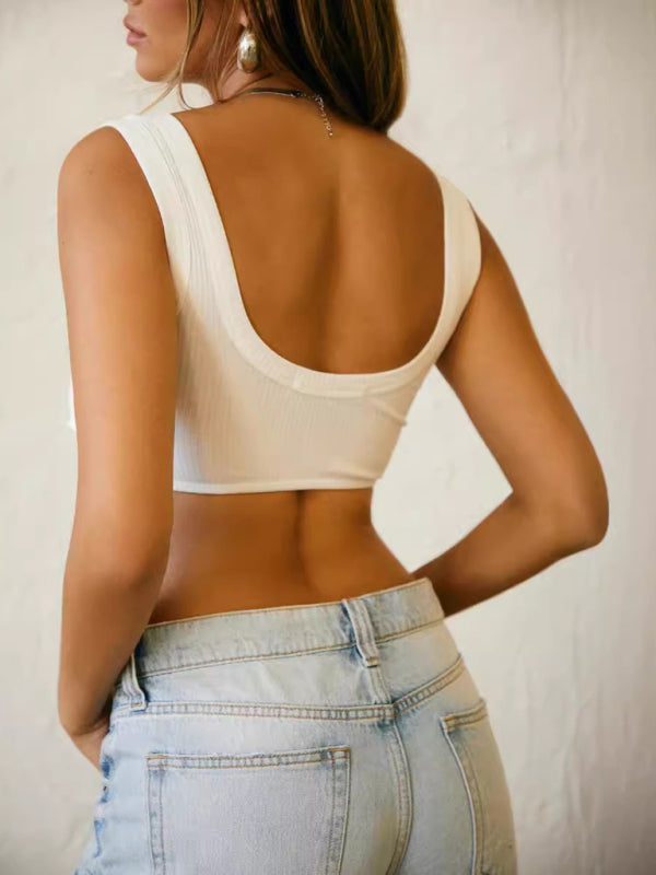 TEEK - White Short Navel-Baring Bow Backless Top TOPS TEEK K