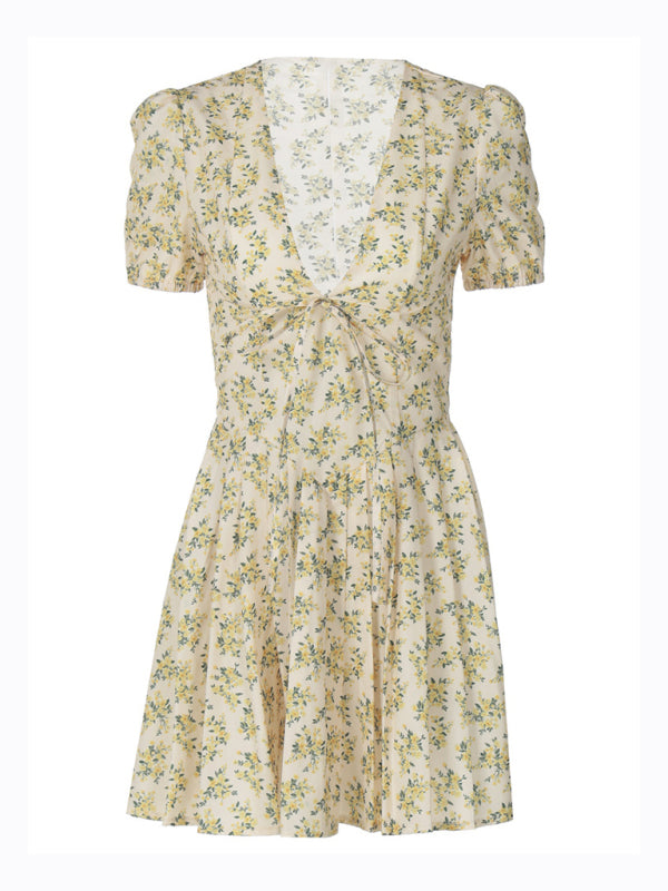 TEEK - Yellow Deep V Slim Waist Short Sleeve Pleated Floral Dress DRESS TEEK K