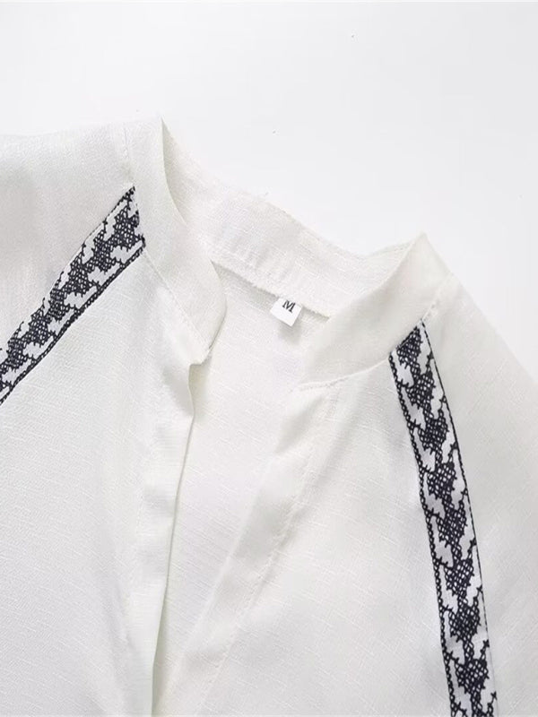 TEEK - White Versatile Cross-Stitch Contrasting Shirt TOPS TEEK K   